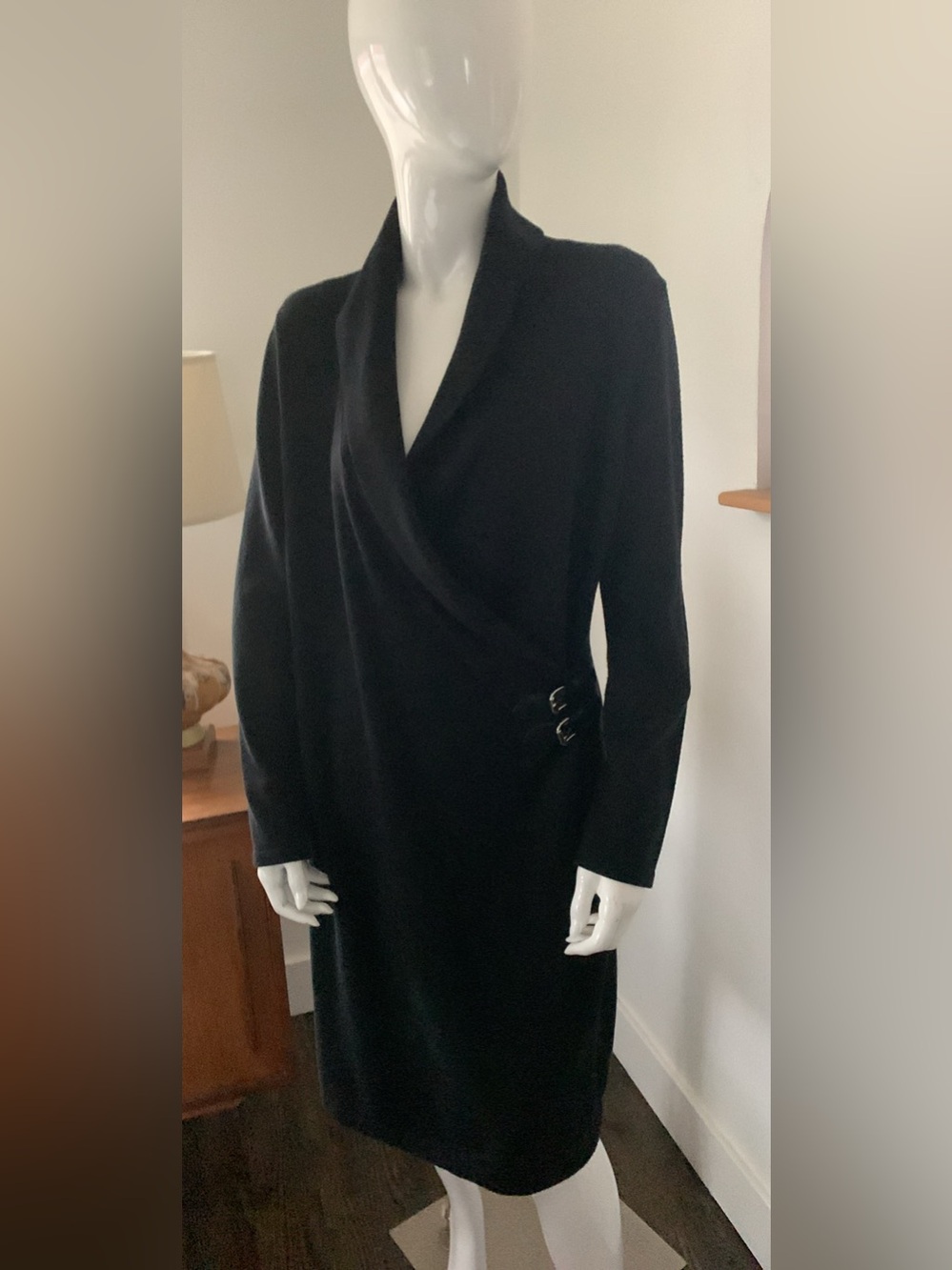 Ralph Lauren Black Faux Wrap Sweater Dress with Buckle Detail